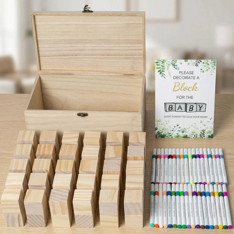 Baby Shower Games Sign Kit With 60 Wooden Blocks And 36 Colored Markers, Includes A Wooden Storage Box, Perfect For Decor, Guest Activities, And Fun Gift Ideas. Open wooden box with 60 pine blocks, 36 markers, and baby sign card