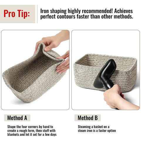 Set Of 8 Small Woven Storage Baskets For Easy Home Organization In Bathroom Closet And Shelves Rope Bin Cubes being shaped using iron and steaming methods