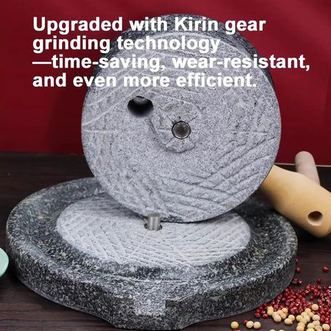 Hand Crank Stone Grain Mill With Granite Grinding Stone And Sturdy Wood Base, Compact Flour Grinder for efficient milling.