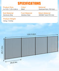 Mesh Pool Safety Fence For Inground And Above Ground Pools 4 Ft By 12 Ft With Stainless Steel Feet Weatherproof Outdoor Garden Fence Keeps Kids Safe And Pets Out Black, shown with specification details on blue sky background.