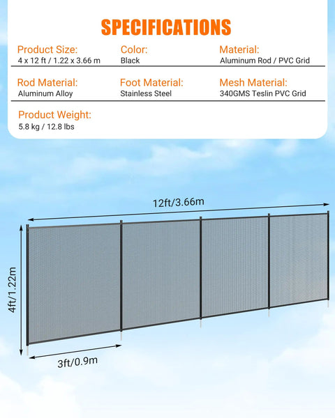 Mesh Pool Safety Fence For Inground And Above Ground Pools 4 Ft By 12 Ft With Stainless Steel Feet Weatherproof Outdoor Garden Fence Keeps Kids Safe And Pets Out Black, shown with specification details on blue sky background.