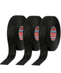Three rolls of Noise Dampening PET Fleece Wire Harness Tape for car wiring, black 19mm x 25m, shown partially unrolled.