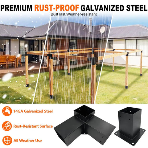 3 Way Pergola Brackets Kit For 4x4 Beams With Post Anchors, DIY Right Corner Wood Brackets For Patio Pergolas, Gazebos, And Log Cabins, Hardware Included, No Hassle Setup, 8 Pack, Heavy Duty Galvanized Steel With Matte Black Finish