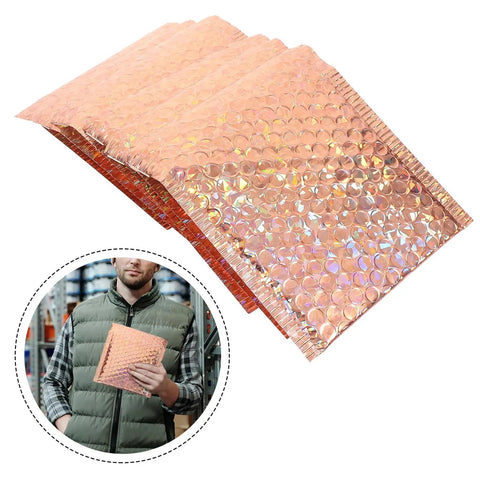 20 Pack Air Cushion Mailers 15x13cm Self Sealing Padded Shipping Bags For Clothes in rose gold with person holding a mailer