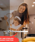 Woman and child cooking under Six Inch LED Recessed Lighting Kit 16 Pack Ultra Thin Canless Dimmable Downlights Color Selectable 2700K To 5000K 1050 Lumens ETL Energy Star White Energy Efficient Next Level Brightness, demonstrating dimming function