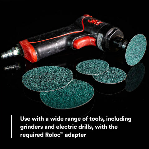 Green Corps Roloc Disc 80 Plus Grit 2-Inch Quick Change Discs with grinder adapter, pack of 25, for heavy-duty grinding and coating removal.