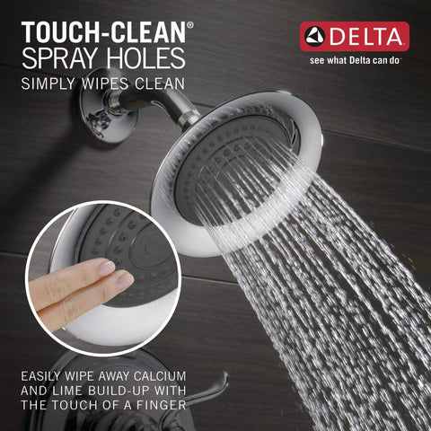 Windemere 14 Series Chrome Shower Faucet Trim Kit With Shower Head And Handle Includes Chrome Finish Trim Valve Not Included Easy Bathroom Upgrade For Modern Shower Remodel For Quick DIY Install, shown with water flow.
