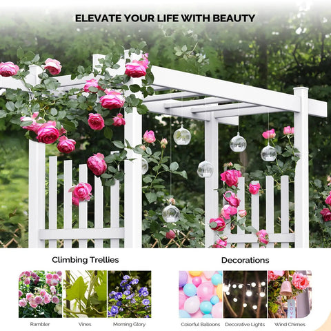 White PVC Garden Arbor Wedding Arch For Ceremony And Party Outdoor Garden Trellis Backdrop Stand showcasing climbing roses and decorations.
