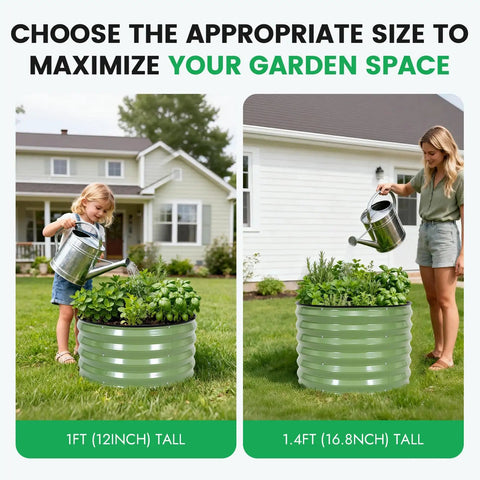 Two olive green garden beds, 1ft and 1.4ft tall, in a yard with children and adults watering plants, promoting space efficiency.