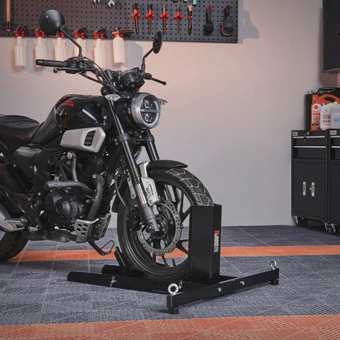 Heavy Duty Motorcycle Wheel Chock Stand With 1800 Lb Capacity Steel Construction 6 Adjustable Holes Fits 15 To 22 Inch Wheels Works With Off Road And Street Bikes Built To Last Tough As Nails For Real World Use securing a motorcycle in a garage setting