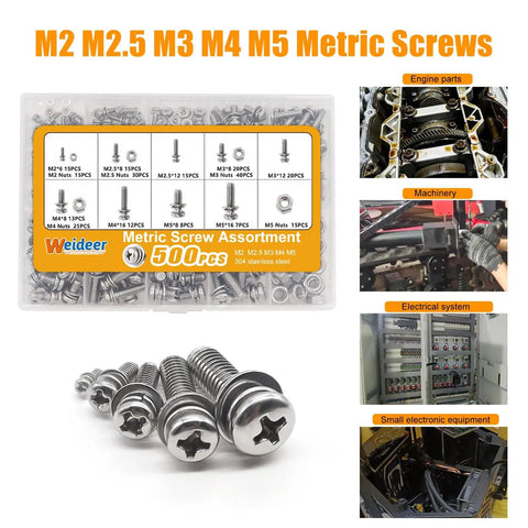 Image of a 500Pcs Nut And Bolt Assortment Kit With Nine Screw Sizes M2 To M5 Stainless Steel for electronics and motorcycles.