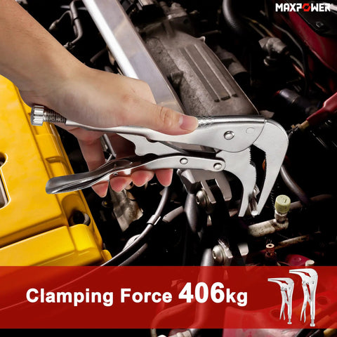 Two Pack 90 Degree Offset Long Nose Locking Pliers Set 7 Inch And 11 Inch clamping engine components in a car
