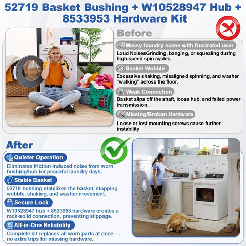 Heavy Duty Washer Drive Hub Kit With Basket Bushing And Six Hub Screws For Durable Spin Fits Whirlpool Kenmore Maytag VMW in laundry ad