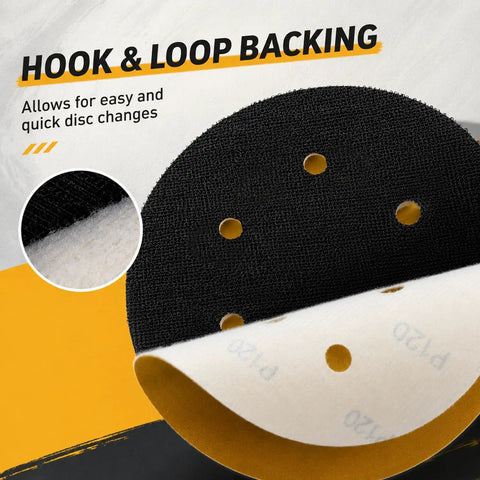100 Pack 6 Inch 6 Hole Sanding Discs Set Dope Value with hook and loop backing, close-up of disc texture