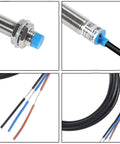 Four views of Two Pack M12 Inductive Proximity Sensor Switch NPN Normally Open For Automation And DIY Projects, 6-36 Volt, 4 mm sensing