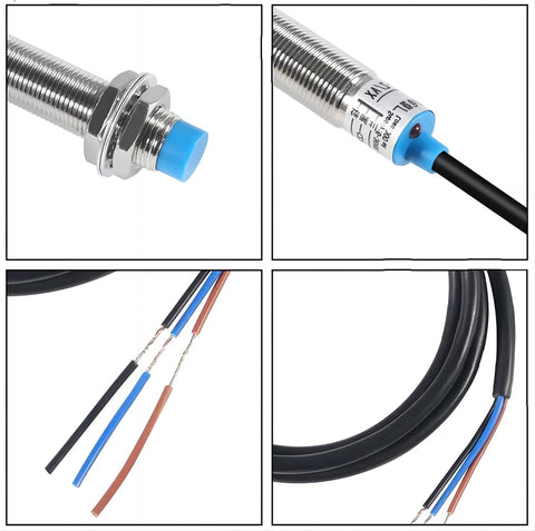 Four views of Two Pack M12 Inductive Proximity Sensor Switch NPN Normally Open For Automation And DIY Projects, 6-36 Volt, 4 mm sensing