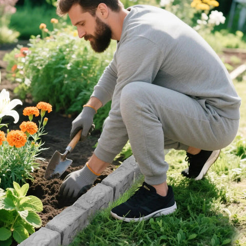 Person gardening with Heavy Duty Garden Edge Borders 16 Pack No Dig Lawn Edging, separating flowers from lawn