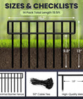 14 Pack No Dig Fence Panels 19.5 Feet Long And 13 Inch High Animal Barrier For Dogs And Small Pets Metal Garden Border Fence for Outdoor Yard And Patio 14 Panels To Stop Digging And Protect Your Plants. Diagram showing dimensions and features of black metal fence panel with extra cable ties.