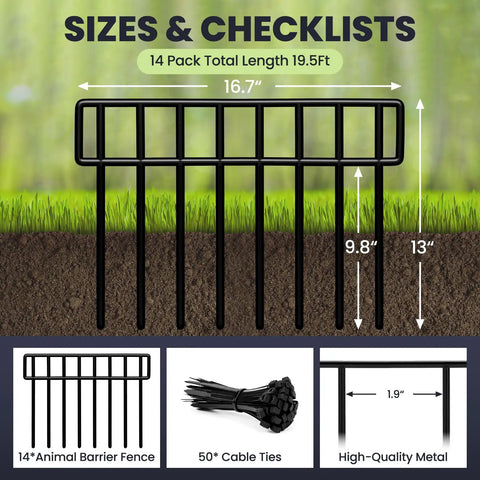 14 Pack No Dig Fence Panels 19.5 Feet Long And 13 Inch High Animal Barrier For Dogs And Small Pets Metal Garden Border Fence for Outdoor Yard And Patio 14 Panels To Stop Digging And Protect Your Plants. Diagram showing dimensions and features of black metal fence panel with extra cable ties.