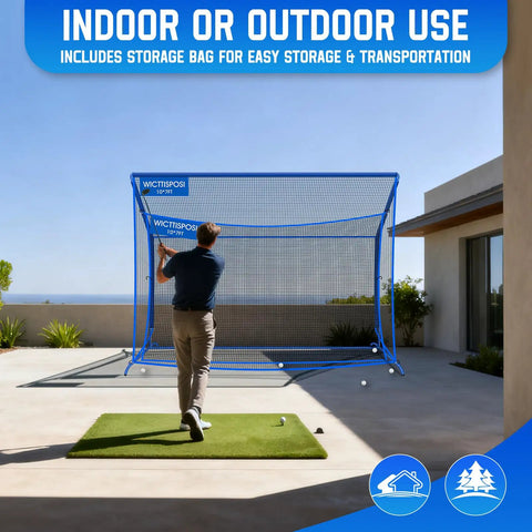 Heavy Duty Golf Hitting Net 10x7ft With Extra Striking Net For Backyard Practice Indoor Outdoor Use visible with golfer
