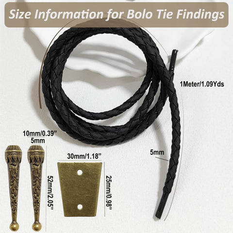 Three Pack Bolo Tie Findings Kit With Iron Slide Clasp Buckle, Alloy End Tips, And Braided Leather Cords For Men And Women, DIY Necktie Jewelry Making Supplies, 1m cord