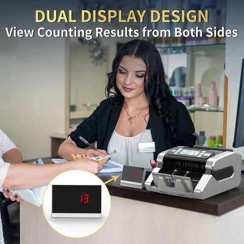 Heavy Duty Cash Bill Counter Machine With Hassle Free Automated Counting And Rock Solid Uv Magnetic Infrared Anti Fake Detection Tech on counter with dual display