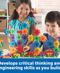Children playing with Gears 100-Piece Deluxe Building Set For STEM Fun, colorful gears assembled on table for creative play