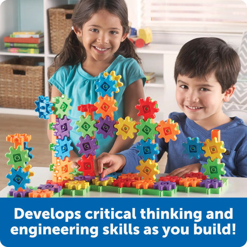 Children playing with Gears 100-Piece Deluxe Building Set For STEM Fun, colorful gears assembled on table for creative play