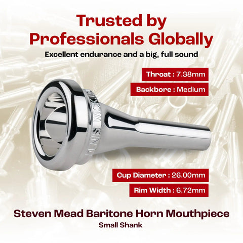 Baritone Mouthpiece Silver Plated SM4 With Medium Backbore For Balanced Airflow And Rich Tone, Easy Articulation, Warmth And Clarity, Perfect For Expressive Baritone Brass Performances. Silver-plated baritone horn mouthpiece, SM4, 26mm cup, 6.72mm rim