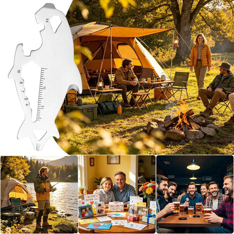 Image of Must-Have Compact Keychain Tool Set For Everyday Carry, 5-In-1 Pocket Utility Kit, 8 cm Ultra Slim Stainless Steel Multi Tool With Card Size Design, with camping and hiking scenes in the background.