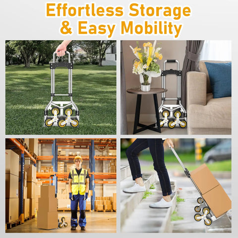 Heavy Duty Stair Climbing Dolly With Telescoping Handle And Six Rolling Wheels For Moving And Grocery Hauls Foldable Aluminum Cart on grass.