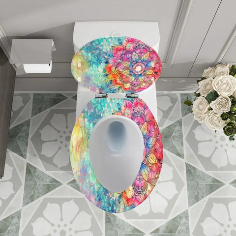 Colorful elongated toilet seat for bathroom with floral design, 14.5" x 18.5", fits most standard toilets.