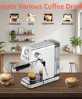 Score That Cafe Style Shot At Home With A 20 Bar Espresso Machine boasting a sleek silver build and steaming coffee drinks.