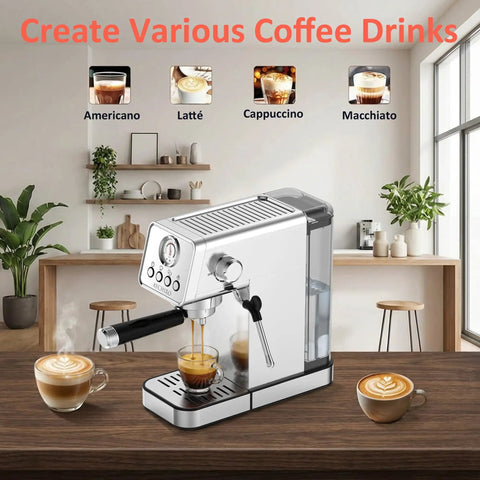 Score That Cafe Style Shot At Home With A 20 Bar Espresso Machine boasting a sleek silver build and steaming coffee drinks.