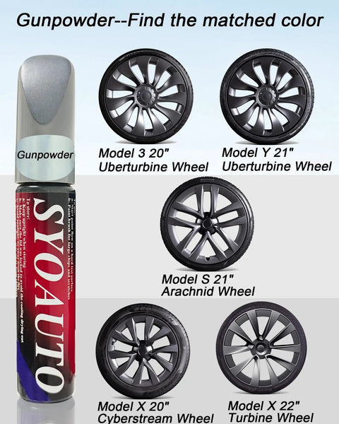 Gunpowder Gray Wheel Touch Up Paint Pen For Tesla Model Y And 3 S X Alloy Rims on display with various Tesla wheel designs.