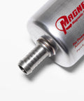 Close-up of 1/2 Inch Magnetic Inline Transmission And Power Steering Filter For Cars And SUVs, showing silver nozzle and label.
