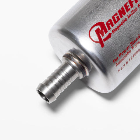 Close-up of 1/2 Inch Magnetic Inline Transmission And Power Steering Filter For Cars And SUVs, showing silver nozzle and label.