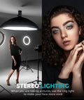 Woman posing with 12 Inch Ring Light With 72 Inch Tripod Stand Dual Phone Holders 38 Color Modes Selfie Ring Light for studio photos