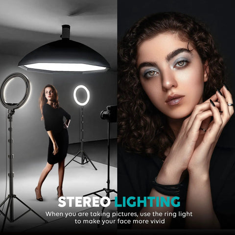 Woman posing with 12 Inch Ring Light With 72 Inch Tripod Stand Dual Phone Holders 38 Color Modes Selfie Ring Light for studio photos