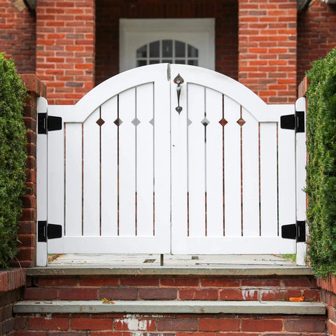 Heavy Duty Fence Gate Hinges 3.5 Inch By 4.5 Inch Black Exterior Outdoor Hinges on white wooden gate