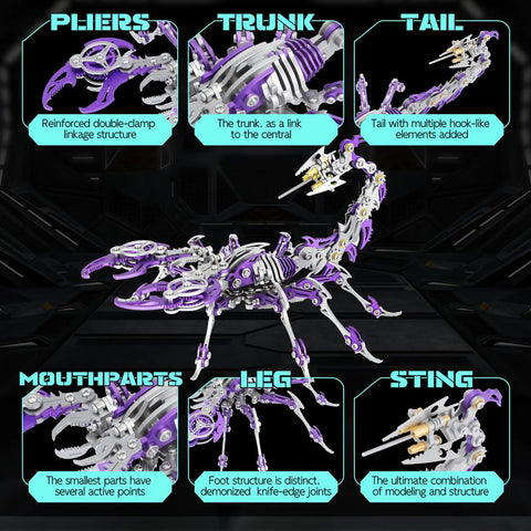 Detailed view of Dope 3D Metal Scorpion Puzzle Laser Cut DIY Challenge No Glue Snap Together 6 Inch Lifelike Scorpion for Adults and Teens Collectible Decor for Puzzle Fans and Nature Lovers Purple, featuring parts breakdown.