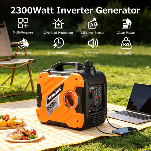 Portable Inverter Generator On The Go 2300W Peak 1900W Rated Gas Powered Ultra Quiet for RVs and outdoor use on picnic blanket