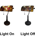 Tiffany Style Stained Glass Desk Lamp With 16 Inch Tall Body Dark Amber Finish Swivel Arm And Tilting Shade Hand Cut 74 Piece Glass Mosaic With Jewels Perfect Desk Or Home Office Vibe Lighting, light on and off view