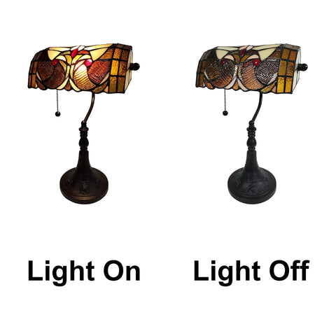 Tiffany Style Stained Glass Desk Lamp With 16 Inch Tall Body Dark Amber Finish Swivel Arm And Tilting Shade Hand Cut 74 Piece Glass Mosaic With Jewels Perfect Desk Or Home Office Vibe Lighting, light on and off view