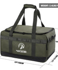 35L Tactical Camping Tote Organizer Duffel Bag, Waterproof Outdoor Storage With 3 Adjustable Dividers And Shoulder Strap For Campsites, Heavy Duty Gear Carrier, Army Green shown with measurements and weight