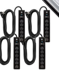 Five black Six Outlet Surge Protector With 20 Foot Extension Cord, 800 Joules Of Surge Protection, Flat Plug for home office