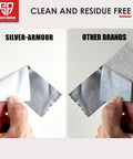 Comparison of Silver-Armour and other brands of duct tape showing clean removal with 5 Pack Heavy Duty Waterproof Duct Tape 175 Yards 2 Inch Easy Tear No Residue Tough As Nails Adhesive Grey Packing Tape For DIY Repairs Bulk Value Great For Home And Auto Projects And Quick Fixes on left and residue with other brands on right.
