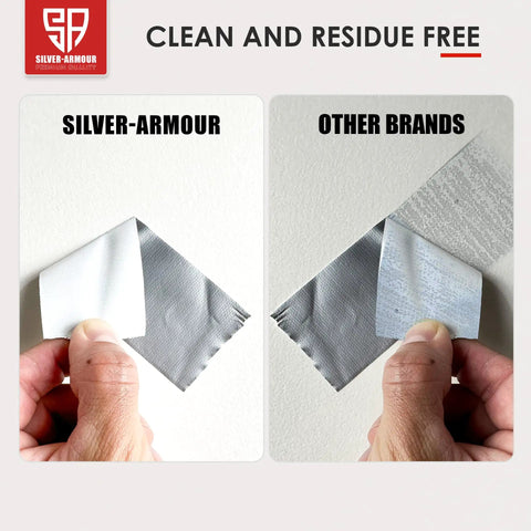 Comparison of Silver-Armour and other brands of duct tape showing clean removal with 5 Pack Heavy Duty Waterproof Duct Tape 175 Yards 2 Inch Easy Tear No Residue Tough As Nails Adhesive Grey Packing Tape For DIY Repairs Bulk Value Great For Home And Auto Projects And Quick Fixes on left and residue with other brands on right.