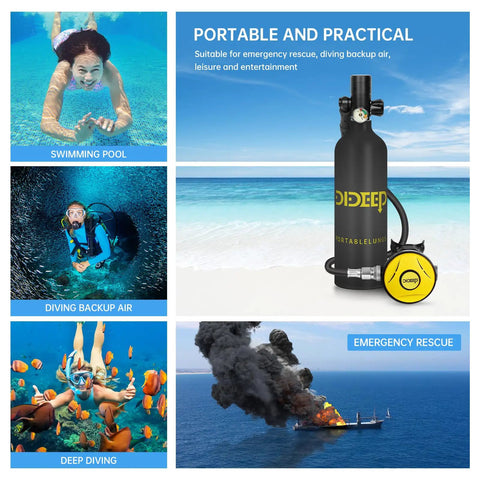 Collage featuring 1L Mini Scuba Tank Portable Breathing System For Underwater Adventures Delivers About 15 To 20 Minutes Of Air