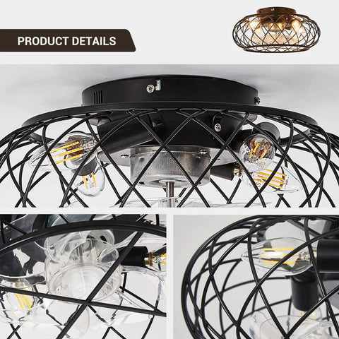 Bladeless 17 Inch Black Ceiling Fan With Remote And Light, featuring intricate wire design and light bulbs detail.